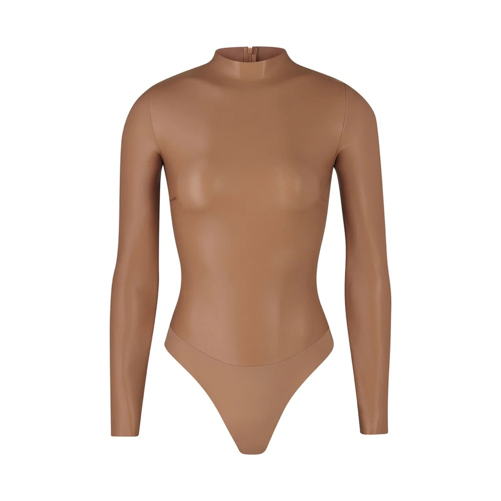 NWT Skims Faux Leather Mock Neck Bodysuit in Sienna